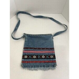Vintage Denim Zippered Purse Crossbody Ribbon Embellished Fringed 90s Retro
